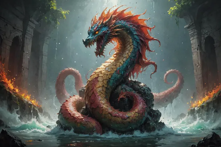 painted world, ultra realistic 8k cg, flawless, clean, masterpiece, professional artwork, famous artwork, cinematic lighting, cinematic bloom, ( Flood of Emptiness background ), colorful splashes in the shape of a naga,
<lora:Fantasy_Monsters_XL:0.4> <lora:Painted World:0.45>