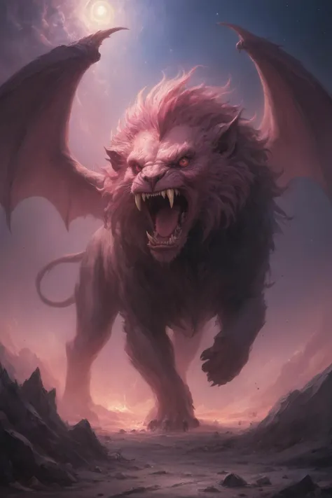 cosmic canvas, ( wasteland background ), painting of a Manticore, <lora:Cosmic_Canvas_SDXL:.45> whose face i opened the gate at random a universe-zone to which was so bright pink and bright, an empty sky by Anker Otto Schildelf and Anton Fadeev