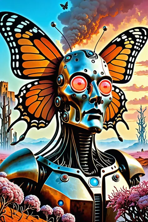 ultra realistic 8k cg, flawless, clean, masterpiece, professional artwork, famous artwork, cinematic lighting, cinematic bloom, ( Entropy background ), a Rust Monster,
<lora:Fantasy_Monsters_XL:0.8> In a clean epic cyberpunk landscape, one robot with wires, In the style of Beksinski, trending at Artworld 2015, By Ruan Jia & Moebius, Salvador Dali's biomechanical porcelain face-cover sculpture stands in harmony with Butterfly cybersuits & plants, Pink and orange fog engulfs