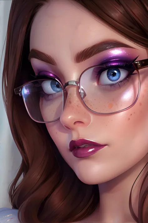 <lora:metallicmakeup-freckledvixon:0.4>, m3tall1c, makeup, portrait, close-up, metallic eyeshadow, (looking at viewer:1.4), <lora:bzl:0.8>, bzl_test, brown hair, (grey|blue) eyes, glasses, (freckles:0.3), <clip:skip:2> || skin, hair, makeup, masterpiece, 8k, high resolution, shallow depth of field, sharp focus