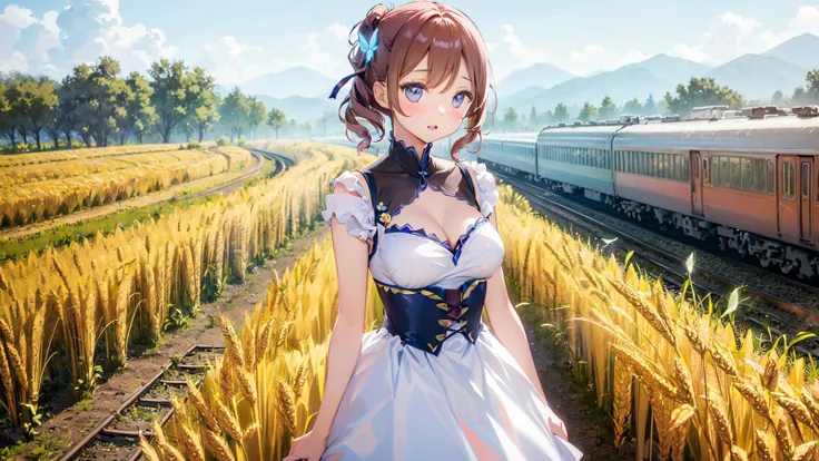 (masterpiece,best quality:1.6),
(solo,1girl,bishoujo,bust:1.2),
scenery,(wheat fields, trains),
flower,butterfly,