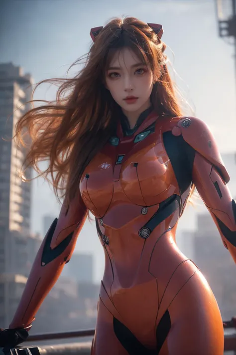 Evangelion,Asuka Langley,blue eyes,Plug Suit,Bodysuits,Interface Headset,赤いBodysuits,Ultra HD,super high quality,masterpiece,Digital SLR,Photorealistic,Detailed details,Vivid details,Depicted in detail,A detailed face,Detailed details,Super Detail,Realistic skin texture,Anatomical basis,Perfect Anatomy,Anatomically correct hand,Anatomically correct fingers,Complex 3D rendering,Sexy pose,Rainy Sky,Beautiful scenery,Fantastic rainy sky,Picturesque,Pink Lips,smile,
