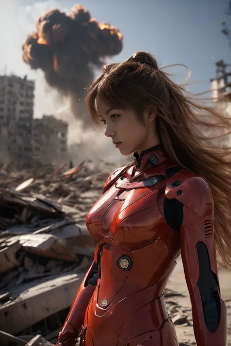 Asuka Langley Soryu, charging forward battlefield, the burst meteor, the fierce battle of fighting with his life, ultra detailed graphic tension, stunning colors, 3D rendering, surrealism, cinematic lighting effects, realism, 00 renderer, super realistic, full - body photos, super vista, super wide Angle, futuristic cyborg warrior in a ruined city, warzone, explosions, billowing smoke,towering destroyed buildings,
