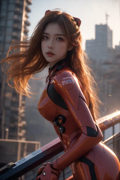 (Best Quality, Masterpiece:1.4), (Realism:1.2), (Realisitc:1.2), (Absurdres:1.2), (photorealistic:1.3), 1girl,Realistic Skin,Solo,( Very Big Eyes,beautiful detailed eyes, symmetric eyes),cowboy shot, (dramatic, gritty, intense:1.4), Asuka Langley Soryu,hdr,dtm, full ha, in the style of mecha anime, the burst meteor, the fierce battle of fighting with his life, dynamic poses, stunning colors, surrealism, cinematic lighting effects, realism, 00 renderer, super realistic, super vista, super wide Angle,<lora:绪å¿-ææ¥é¦Asuka Langley Soryu:0.7>