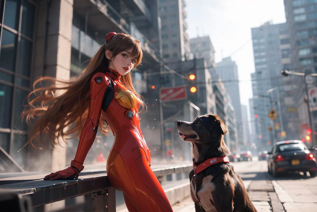 A girl, mechanical dog, Chariot, Cyberpunk, Double exposure, city setting, Headset, Vista, <lora:æºç²-ææ¥é¦_v1.0:0.6>Asuka Langley Soryu