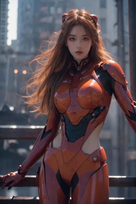 (Best Quality, Masterpiece:1.4), (Realism:1.2), (Realisitc:1.2), (Absurdres:1.2), (photorealistic:1.3), 1girl,Realistic Skin,Solo,( Very Big Eyes,beautiful detailed eyes, symmetric eyes),cowboy shot, (dramatic, gritty, intense:1.4), Asuka Langley Soryu,hdr,dtm, full ha, in the style of mecha anime, the burst meteor, dynamic poses, stunning colors, surrealism, cinematic lighting effects, realism, 00 renderer, super realistic,  super vista, super wide Angle,<lora:ç»ªå¿-ææ¥é¦Asuka Langley Soryu:0.7>