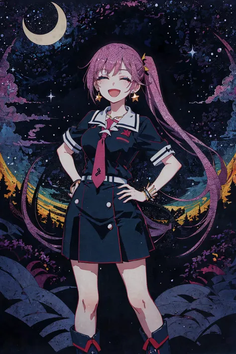 <lora:monogatari_v1-A:0.8> style\(monogatari\), <lora:TUYA5:0.7> surrealistic, tuyawang, abstract, doodle art, (masterpiece, top quality, best quality, beautiful and aesthetic:1.2), (1girl:1.3), original, high resolution, surreal,, focused, stonehenge, night, crescent moon, pray hand on hip, indigo hair, very long hair, folded ponytail, gradient eyes, thick, necktie, miniskirt, ankle boots, medium breasts, :D, star earrings, half-closed eyes, smile