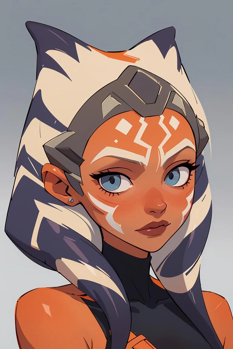 (masterpiece, best quality), 1girl, beautiful face, <lora:ahsoka_tano:1> ahsoka_tano, orange skin, facial mark, tattoo
