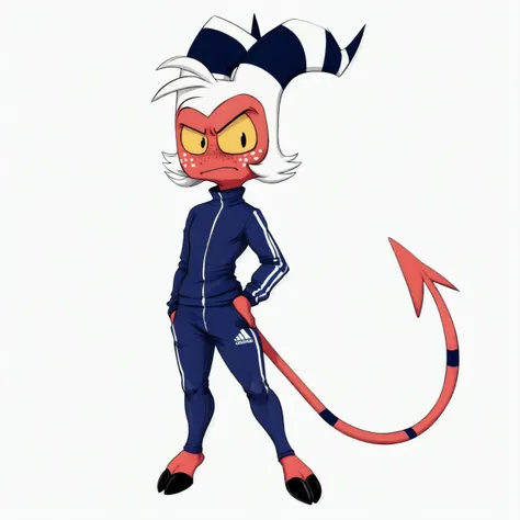 <lora:moxxie-v1-locon:1>
moxxie, demon boy, red skin, yellow eyes, yellow sclera, noseless, fully visible long moxxie imp tail, freckles, red/black hooves, extremely grumpy, wearing Adidas track suit, BREAK
((full height picture)), ((looking at viewer)), ((posing)),