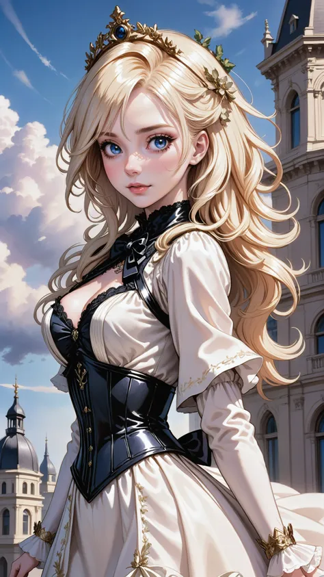 1girl, woman, (inspired Aetherpunk:1.3) cute angel, [:wild, wild costume design,:0.2], bombshell hair, glowing color:mediumorchid hair, hime cut, hourglass figure, albino, victorian ballroom dress, blush, naughty smile, mouth closed, noon, blue sky, clouds, architecture, "at the Flickering Primordial infinity"<lora:EnvyBetterHiresFixXL01:0@0,0@.49,1@.5:hr=1><lora:EnvyBallroomDressXL01:1>