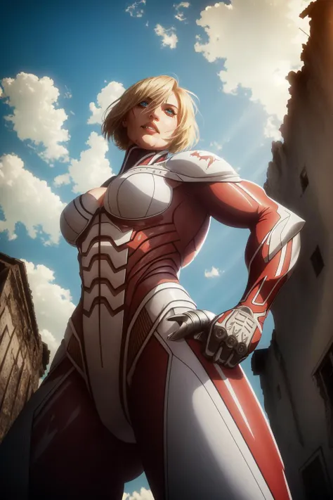 (masterpiece, best quality),  intricate details
 1girl,   <lora:FemaleTitanV2:0.8> female titan, blonde hair, short hair, blue eyes, teeth, scar, blood, giant, giantess, muscular, hands on hips, blue sky, cloud, view from below, ruined city