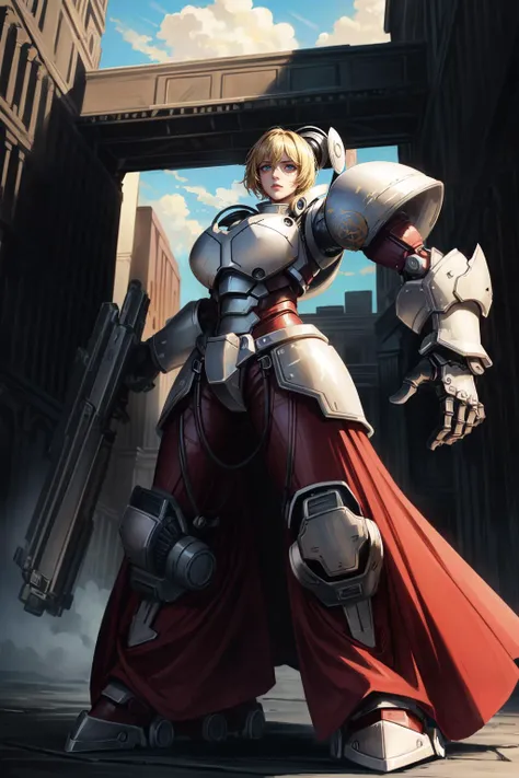 (masterpiece, best quality),  intricate details
1girl, 
 <lora:FemaleTitanV2:0.8> female titan,  <lora:ParrleyGown:0.8> [ballgown|Parrley_armor],  [dress|suit of armor], (big bulky futuristic armor:1.3), long skirt,