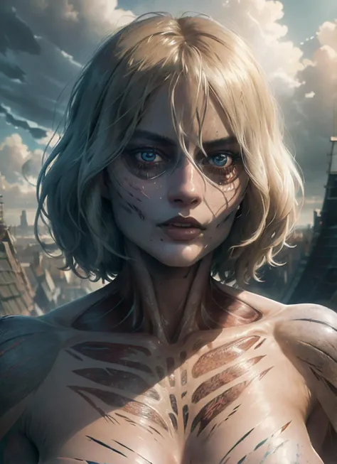 portrait of sks woman, ((Margot Robbie)) as female titan, ((best quality)), ((masterpiece)), (detailed), female titan, blonde hair, short hair, blue eyes, horror beauty, perched on a cloud, (fantasy illustration:1.3), enchanting gaze, captivating pose, delicate scars, otherworldly charm, mystical sky, (Luis Royo:1.2), (Yoshitaka Amano:1.1), moonlit night, soft colors, (detailed cloudscape:1.3), (high-resolution:1.2) <lora:FemaleTitanV2:0.95>
(<lora:MargotRobbie:1.4>)