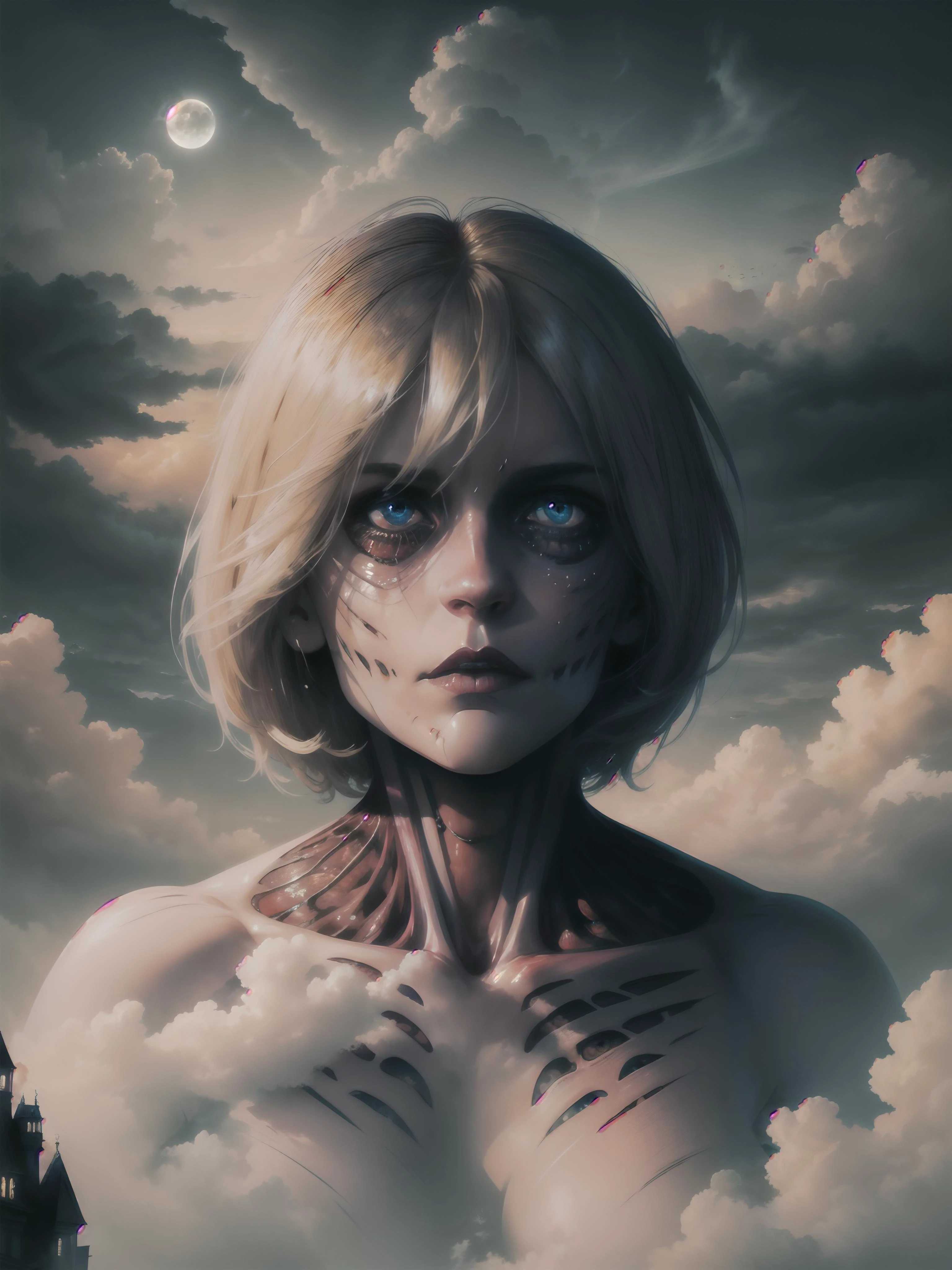 ((best quality)), ((masterpiece)), (detailed), female titan, blonde hair, short hair, blue eyes, horror beauty, perched on a cloud, (fantasy illustration:1.3), enchanting gaze, captivating pose, delicate scars, otherworldly charm, mystical sky, (Luis Royo:1.2), (Yoshitaka Amano:1.1), moonlit night, soft colors, (detailed cloudscape:1.3), (high-resolution:1.2) <lora:FemaleTitanV2:1> <lora:LAS:0.6>,colorful