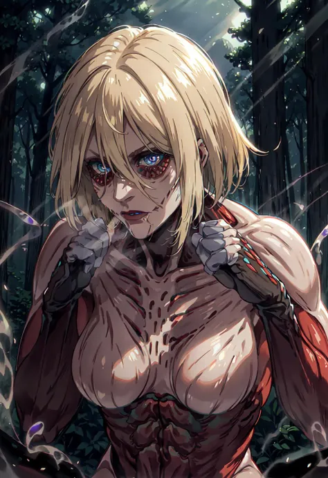 <lora:FemaleTitanV2:1>, FemaleTitan, giant, in a forest, woods in the background, volumetric fog, skinned, visible muscle fiber, muscle fiber, blonde hair, blue eyes, green woods,