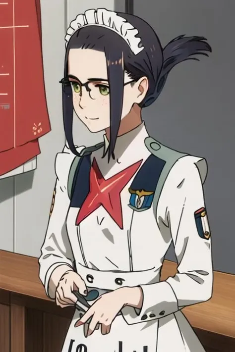 best quality, masterpiece, highres, solo, {maid:1.40}, {long maid dress:1.15}, {ikuno_darlinginthefranxx:1.15}, green_eyes, glasses, black_hair, freckles, folded_ponytail