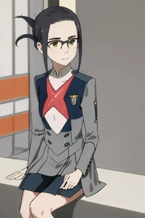 best quality, masterpiece, highres, solo, {ikuno_darlinginthefranxx:1.15}, green_eyes, glasses, black_hair, freckles, folded_ponytail, 1girl, black-framed_eyewear, closed_mouth, over-rim_eyewear, looking_at_viewer, long_hair, portrait