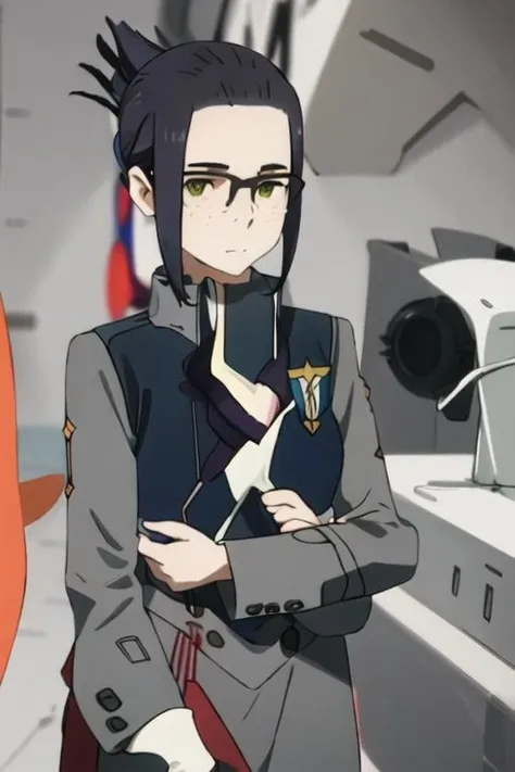best quality, masterpiece, highres, solo, {ikuno_darlinginthefranxx:1.15}, green_eyes, glasses, black_hair, freckles, folded_ponytail