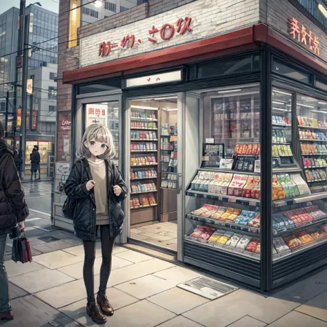 masterpiece, best quality, <lora:epiNoiseoffset_v3:1> <lora:GoodHands-vanilla:1> <lora:keke:1> <lora:add_detail:1>, 1girl, looking at viewer, <lora:STSDSi_V1_1_MIDD:0.3>, STOKYO, STSDS, shop, convenience store, train station, real world location, bag, storefront, outdoors, city, sign, building, casual