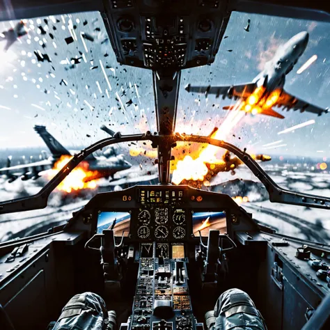 (big military base in a nuclear explosion:1.1), flying by fighter aircraft image, (view over the shoulder of the pilot trough the cockpit windshield glass:1.2), realistic, parts, debris, <lora:BFXL:0.7>, bf4, 16k, uhd, dslr, insane details, detailed cockpit, detailed aircraft, award-winning photo, bokeh