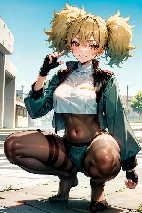 (masterpiece, best quality:1.5), <lyco:ReneeCosta-v1-000006:1.0>, ReneeCosta, brown eyes, breasts, twintails, bangs, brown hair, hair between eyes, blonde hair, large breasts. short twintails, gloves, jacket, shorts, black gloves, fingerless gloves, (covered navel:1.2), (bodystocking:1.3), asticassia school uniform, green jacket, green shorts, shirt, school uniform, crop top, (Black body stockings:1.3), squatting, street, city, day, blue sky, (v, double v,  smirk, naughty face:1.2),