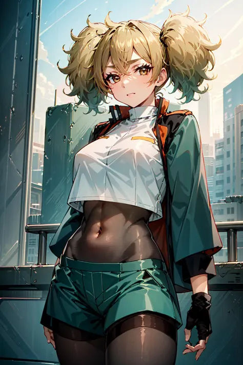 (masterpiece, best quality:1.5), <lyco:ReneeCosta-v1-000006:1.0>, ReneeCosta, brown eyes, breasts, twintails, bangs, brown hair, hair between eyes, blonde hair, large breasts. short twintails, gloves, jacket, shorts, black gloves, fingerless gloves, (covered navel:1.2), (bodystocking:1.3), asticassia school uniform, green jacket, green shorts, shirt, school uniform, crop top, 1girl, solo, looking at viewer, cowboy shot, naughty face, cityscape, starry sky, night, (Black body stockings:1.3)