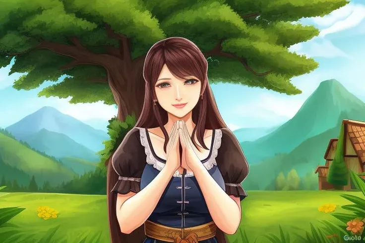 eagle perspective, woman villager 30 years old (clapping hands: together:1.4) at cocstyle trees <lora:cocstyle-000012:0.5> detailed face woman wearing dirndl standing at a tree european <lora:dirndl:0.4>