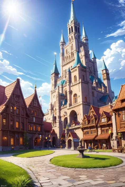busy medieval town square <lora:cocstyle-000012:0.5> lense flare