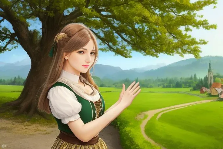eagle perspective, european skandinavian woman villager 30 years old (clapping hands: together:1.4) at cocstyle trees <lora:cocstyle-000012:0.5> detailed face woman wearing cultural bavarian dirndl standing at a tree european <lora:dirndl:0.4>