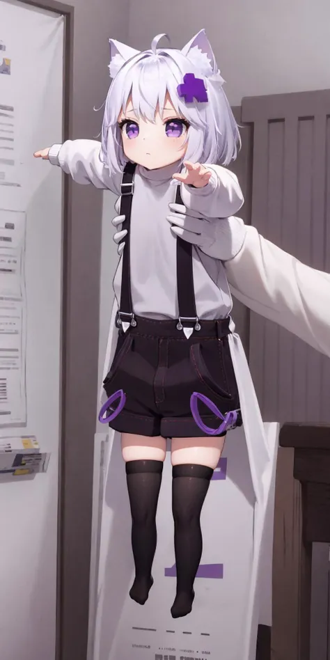 High Quality, Masterpiece, 1girl, <lora:Filian:0.8>, Filian, purple eyes, short hair, FilianOverall, purple eyes, short hair, hair ornament, overalls, white sweater, black thighhighs, IncrsLcmSolo, full body, chibi, <lora:Pos_LongcatMemeSolo:1>