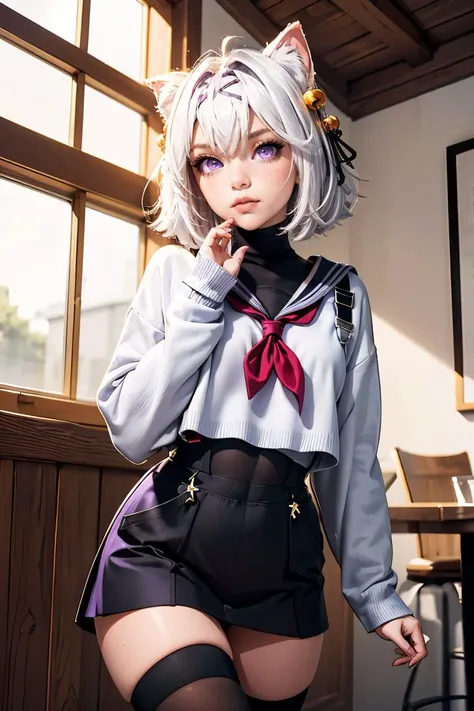 (masterpiece, best quality), 1girl, <lora:Filian:0.8> Filian, purple eyes, short hair, FilianOverall, purple eyes, short hair, hair ornament, overalls, white sweater, black thighhighs, FilianSailor, purple eyes, short hair, hairclip, hair bell, serafuku, red neckerchief, swimsuit under clothes, covered navel, blue skirt, black thighhighs