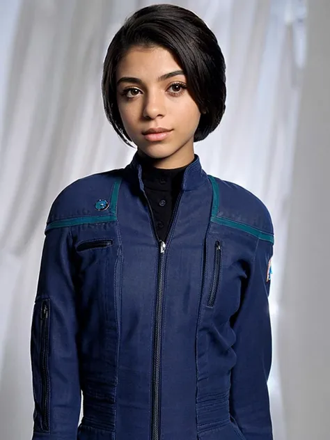 r1ta-001, brunette pixie cut hair, browneyes, wearing enterpriseuniform, female fit, left sleeve patch, dark blue jumpsuit, teal piping on shoulders. closeup. , dark sci-fi interior.. <lora:enterpriseuniform_lora:1>