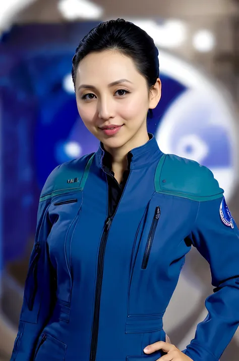 high quality photo of linda park  <lora:linda_park:0.8> in an enterprise nx-01 jumpsuite 
 <lora:enterpriseuniform_lora:1> enterpriseuniform, blue jumpsuit, sciences division, teal piping on shoulders
  Style-DoF