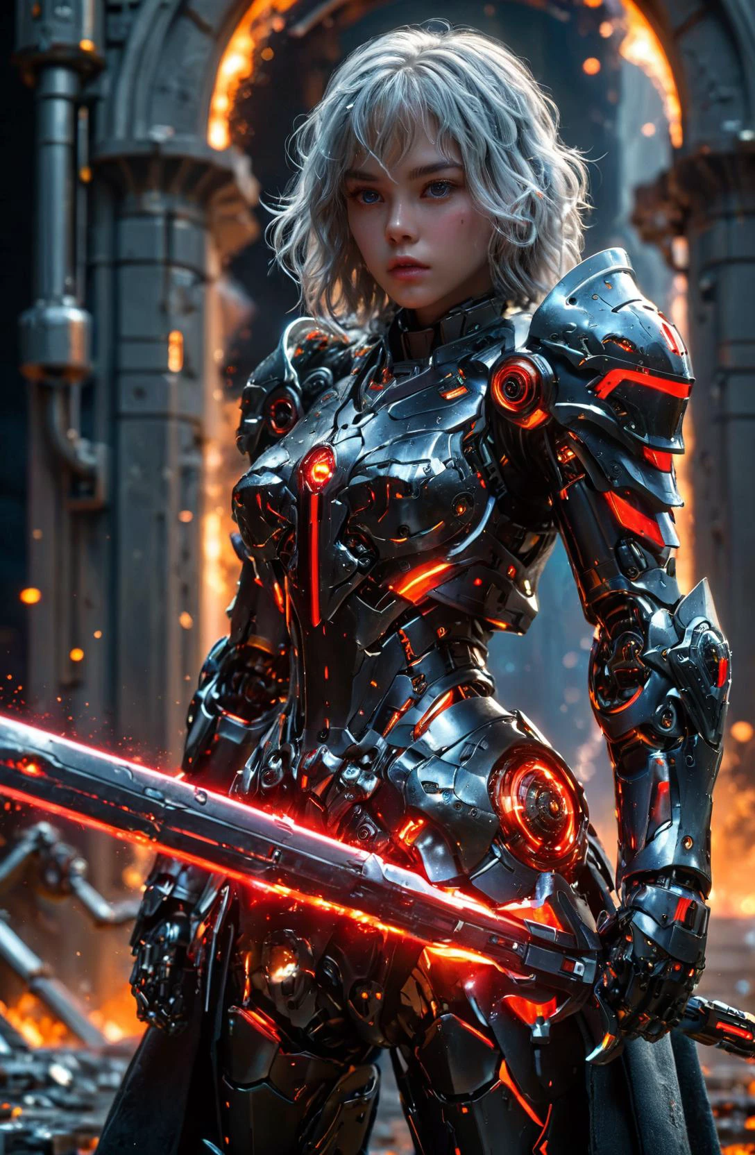 amazing quality, masterpiece, best quality, hyper detailed, ultra detailed, UHD, DOF, depth of field, HDR, perfect anatomy,
1 girl, cute, beauty, pretty, silver hair, full body,( fighting stance:1.3), detail eyes,( face to viewer:1.4),space ship, universe space,(go into broken door:1.3), sparking, flame, Milky Way, star sky,
wearing fantastic (black armor:1.2), holding glowing sword, (glowing shine and dazzling mecha:1.3),
technology style, future sense, red robot mecha, titanium mecha,
show face, explode, serious,
<lora:FantasyKnightsHKStyle:0.85>, HKStyle,
<lora:add-detail-xl:0.75>,
<lora:EnvyBetterHiresFixXL01:0.75>,
<lora:extremely_detailed:1.2>, extremely detailed,
<lora:ral-iontinvevisions-sdxl:0.5>, ral-iontinvevisions,