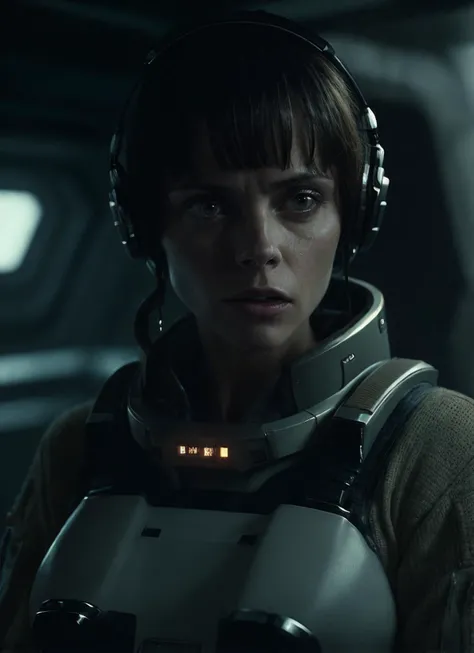close up photo of sks woman, rugged space trucker, inside industrial spaceship, futuristic science fiction, action scene, digital concept art, realistic, intricate detailed textures, filmic, cinematic, environmental character portrait, <lora:locon_christina_v1_from_v1_64_32:1.25>