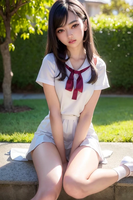 (extremely detailed CG unity 8k wallpaper), (masterpiece), (best quality), (ultra-detailed), (best illustration), (best shadow), (photorealistic:1.5), (PureErosFace_V1:0.5),real human skin, lens flare, shade, backlighting, bloom, depth of field, natural lighting, hard focus, film grain,<lora:japaneseDollLikeness_v10:0.5>, look at the viewer,
1 girl, 21 yo, solo, skinny, pale skin, soft lips, (light eyebrow:1.4),shiny brown eyes, black very long straight hair, small breasts, beautiful detailed sky, detailed west garden(crowd:1.2), sunshine, (nose blush), beautiful detailed eyes, white japanese school uniform, sailor suit, dark red pleated skirt, sneakers