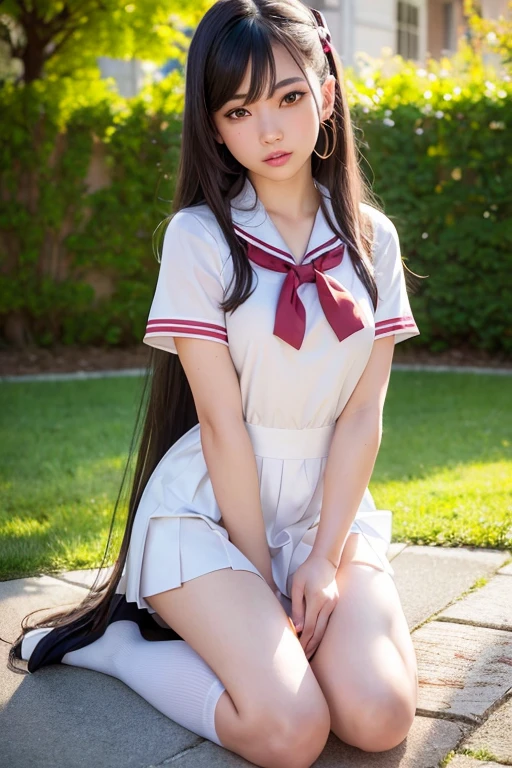 (extremely detailed CG unity 8k wallpaper), (masterpiece), (best quality), (ultra-detailed), (best illustration), (best shadow), (photorealistic:1.5), (PureErosFace_V1:0.5),real human skin, lens flare, shade, backlighting, bloom, depth of field, natural lighting, hard focus, film grain,<lora:japaneseDollLikeness_v10:0.5>, look at the viewer,
1 girl, 21 yo, solo, skinny, pale skin, soft lips, (light eyebrow:1.4),shiny brown eyes, black very long straight hair, small breasts, beautiful detailed sky, detailed west garden(crowd:1.2), sunshine, (nose blush), beautiful detailed eyes, white japanese school uniform, sailor suit, dark red pleated skirt, sneakers