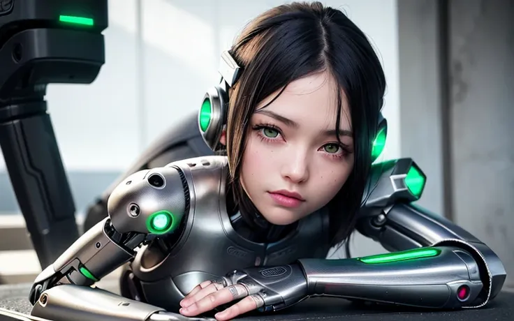 best quality, masterpiece, ultra high res, (photorealistic:1.4), 1girl, 18 y.o., petite, gorgeous, small breasts,  (cyborg:1.5), (green eyes:1.3), (black hair:1.1)