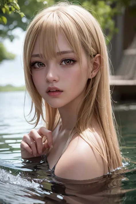 best quality, masterpiece, ultra high res, photorealistic, 1girl, blonde hair, dark eyes, swimming, portrait