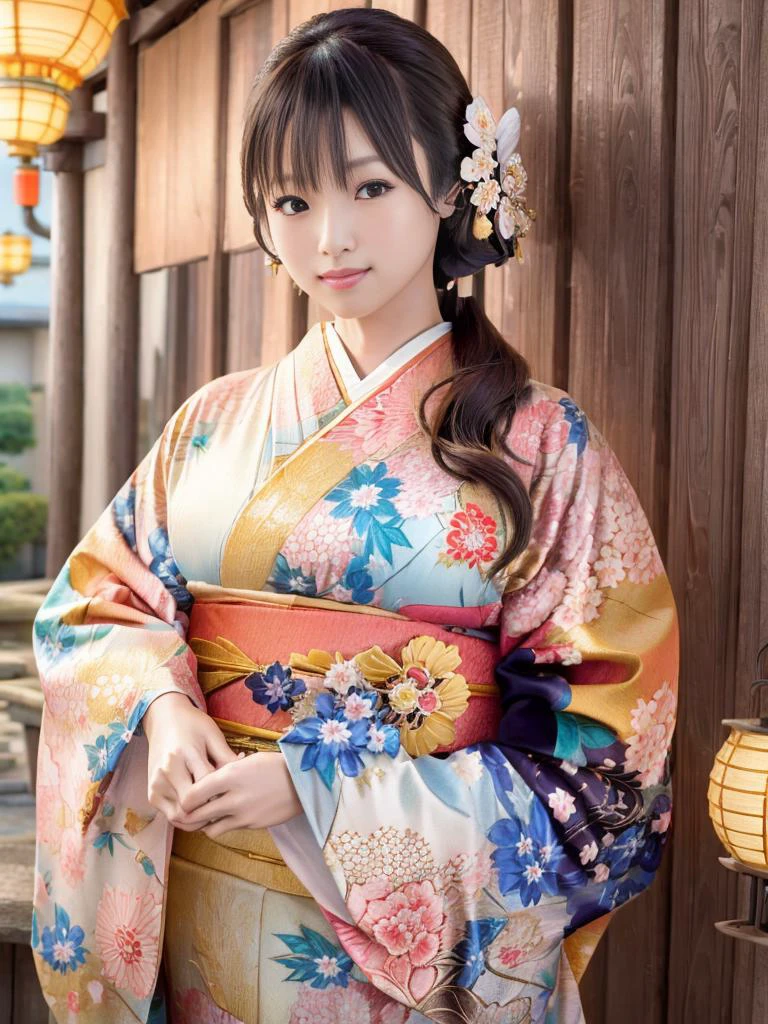 Japanese woman, (wearing colorful kimono_clothes:1.3), holiday good hand,4k, high-res, masterpiece, best quality, head:1.3,((Hasselblad photography)), finely detailed skin, sharp focus, (cinematic lighting), night, soft lighting, hard focus, film grain, photographed with a Sony a9 II Mirrorless Camera, by Laurence Demaison, dynamic angle, [:(detailed face:1.2):0.2], medium breasts, outside, <lora:realistic_kimono_clothes:0.5>, <lora:fukadakyouko_lora-07:0.8>, ((Hasselblad photography)),