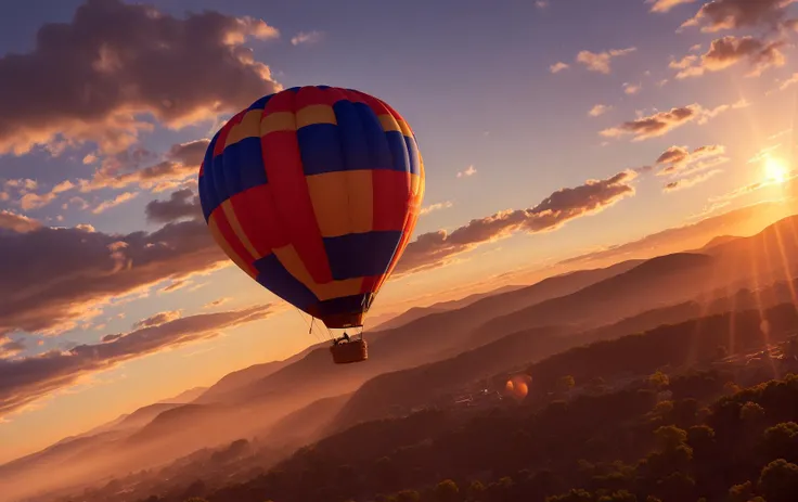 (masterpiece)+, (best quality)+, (Intricate detail)+, design me a widescreen wallpaper featuring a hot air balloon flying, setting sun, rayleigh scattering, lens flare, motion blur, slow shutter speed