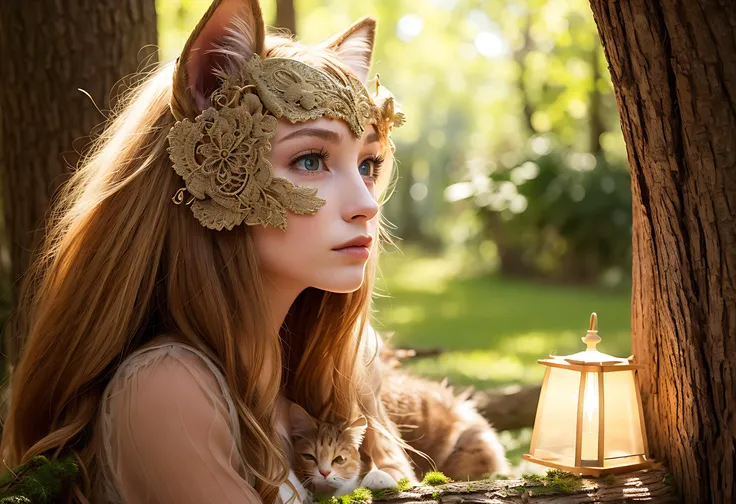 (masterpiece)+, (best quality)+, (Intricate detail)+, catlike daughter of the woods, forestborn, hunter's moon, light cloud, faerie lighting