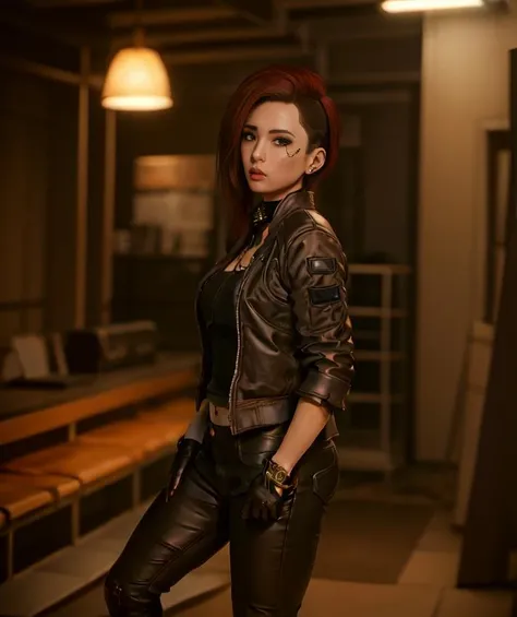 <lora:2077V:0.6>2077v, neon jacket collar. redhead, leather jacket, leather pants, grey shirt, undercut, high quality, masterpiece, raw photo, detailed, extreme detail, detailed lips, raw, 4k, high resolution,