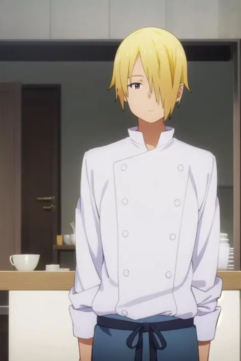 junsatou, <lora:jun satou s2-lora-nochekaiser:1>,
jun satou, blonde hair, male focus, (hair over one eye:1.5), (brown eyes:1.3), 
BREAK apron, buttons, kitchen, chef,
BREAK indoors, restaurant,
BREAK looking at viewer, (cowboy shot:1.5),
BREAK <lyco:GoodHands-beta2:1>, (masterpiece:1.2), best quality, high resolution, unity 8k wallpaper, (illustration:0.8), (beautiful detailed eyes:1.6), extremely detailed face, perfect lighting, extremely detailed CG, (perfect hands, perfect anatomy),