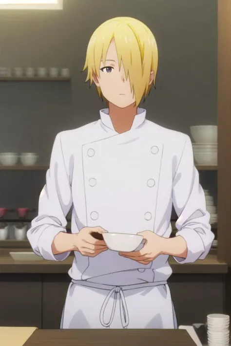 junsatou, <lora:jun satou s2-lora-nochekaiser:1>,
jun satou, blonde hair, male focus, (hair over one eye:1.5), (brown eyes:1.3),
BREAK apron, buttons, kitchen, chef,
BREAK indoors, restaurant,
BREAK looking at viewer, (cowboy shot:1.5),
BREAK <lyco:GoodHands-beta2:1>, (masterpiece:1.2), best quality, high resolution, unity 8k wallpaper, (illustration:0.8), (beautiful detailed eyes:1.6), extremely detailed face, perfect lighting, extremely detailed CG, (perfect hands, perfect anatomy),