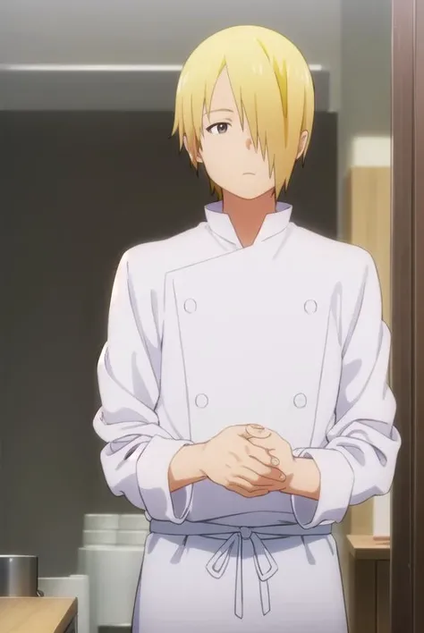 junsatou, <lora:jun satou s2-lora-nochekaiser:1>,
jun satou, blonde hair, male focus, (hair over one eye:1.5), (brown eyes:1.3),
BREAK apron, buttons, kitchen, chef,
BREAK indoors, restaurant,
BREAK looking at viewer, (cowboy shot:1.5),
BREAK <lyco:GoodHands-beta2:1>, (masterpiece:1.2), best quality, high resolution, unity 8k wallpaper, (illustration:0.8), (beautiful detailed eyes:1.6), extremely detailed face, perfect lighting, extremely detailed CG, (perfect hands, perfect anatomy),