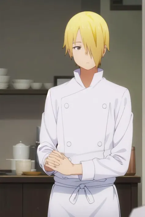 junsatou, <lora:jun satou s2-lora-nochekaiser:1>,
jun satou, blonde hair, male focus, (hair over one eye:1.5), (brown eyes:1.3), 
BREAK apron, buttons, kitchen, chef,
BREAK indoors, restaurant,
BREAK looking at viewer, (cowboy shot:1.5),
BREAK <lyco:GoodHands-beta2:1>, (masterpiece:1.2), best quality, high resolution, unity 8k wallpaper, (illustration:0.8), (beautiful detailed eyes:1.6), extremely detailed face, perfect lighting, extremely detailed CG, (perfect hands, perfect anatomy),