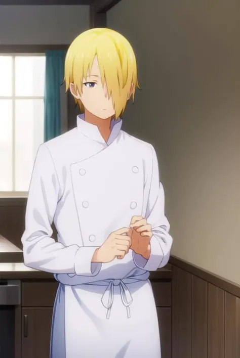 junsatou, <lora:jun satou s2-lora-nochekaiser:1>,
jun satou, blonde hair, male focus, (hair over one eye:1.5), (brown eyes:1.3),
BREAK apron, buttons, kitchen, chef,
BREAK indoors, restaurant,
BREAK looking at viewer, (cowboy shot:1.5),
BREAK <lyco:GoodHands-beta2:1>, (masterpiece:1.2), best quality, high resolution, unity 8k wallpaper, (illustration:0.8), (beautiful detailed eyes:1.6), extremely detailed face, perfect lighting, extremely detailed CG, (perfect hands, perfect anatomy),