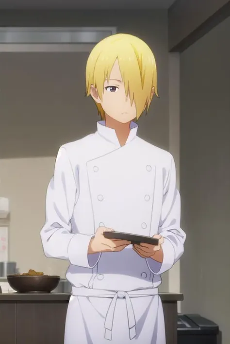 junsatou, <lora:jun satou s2-lora-nochekaiser:1>,
jun satou, blonde hair, male focus, (hair over one eye:1.5), (brown eyes:1.3),
BREAK apron, buttons, kitchen, chef,
BREAK indoors, restaurant,
BREAK looking at viewer, (cowboy shot:1.5),
BREAK <lyco:GoodHands-beta2:1>, (masterpiece:1.2), best quality, high resolution, unity 8k wallpaper, (illustration:0.8), (beautiful detailed eyes:1.6), extremely detailed face, perfect lighting, extremely detailed CG, (perfect hands, perfect anatomy),