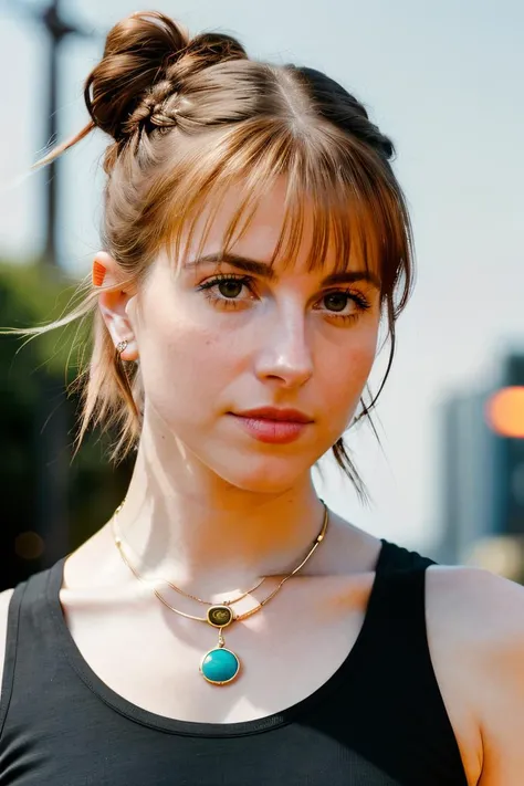 Realistic photo of a beautiful woman, hhayleyy,  looking at viewer, braided hair, neon bun hair, casually dressed, bare shoulders,  upper body, sleeveless, simple necklace, bokeh background, realistic, soft lighting, professional Photography, Photorealistic, detailed, RAW, analog, sharp focus, 8k, HD, DSLR, high quality, Fujifilm XT3, film grain,  <lora:hhayleyydefv2:1>